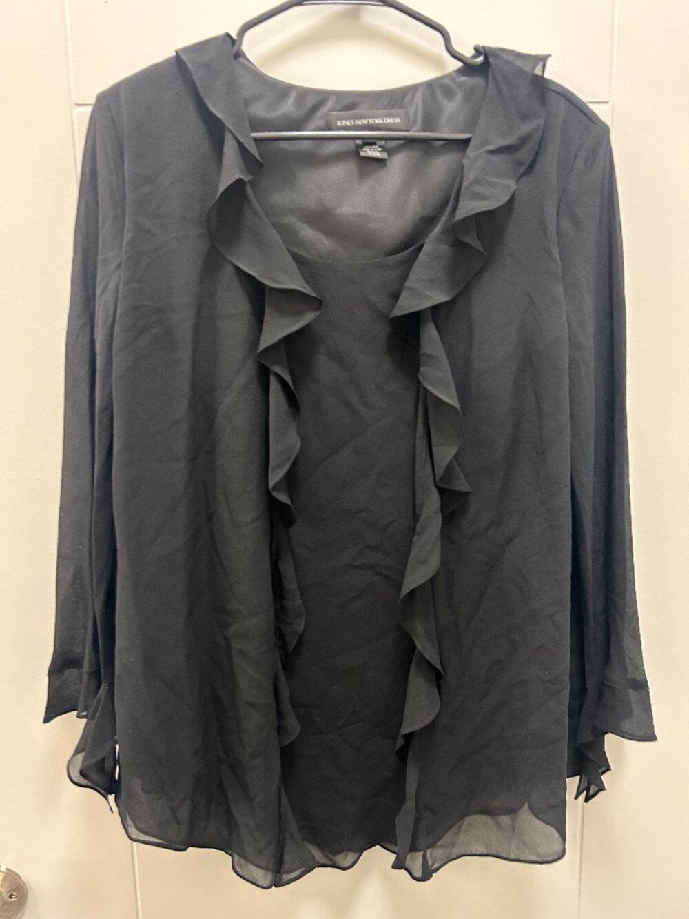 Jones New York 100% Silk Black 2 Piece Set Size 14 Women's Sheer Ruffle Preppy
